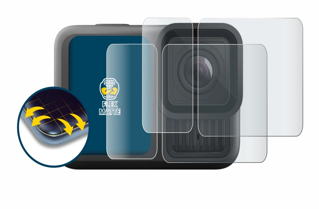 Immagine del dispositivo GoPro Hero 13 Black Ultra Wide Edition con un'ampia varietà di protezioni per lo schermo.