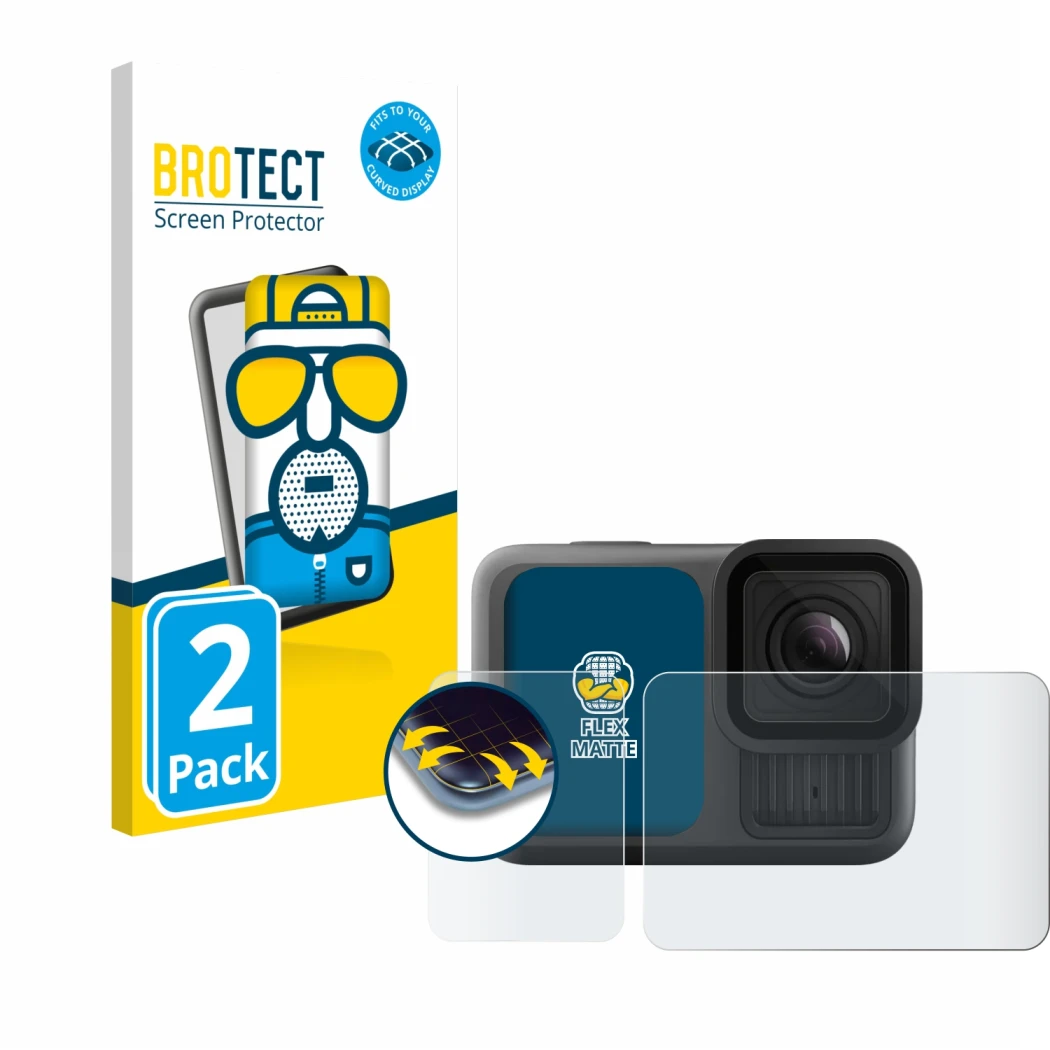 Parte frontale di una confezione del prodotto con il logo del marchio BROTECT. Accanto è raffigurato il dispositivo GoPro Hero