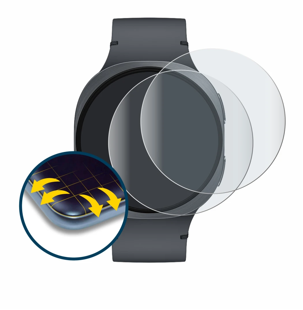 Immagine del dispositivo Samsung Galaxy Watch 8 (44 mm) con un'ampia varietà di protezioni per lo schermo.