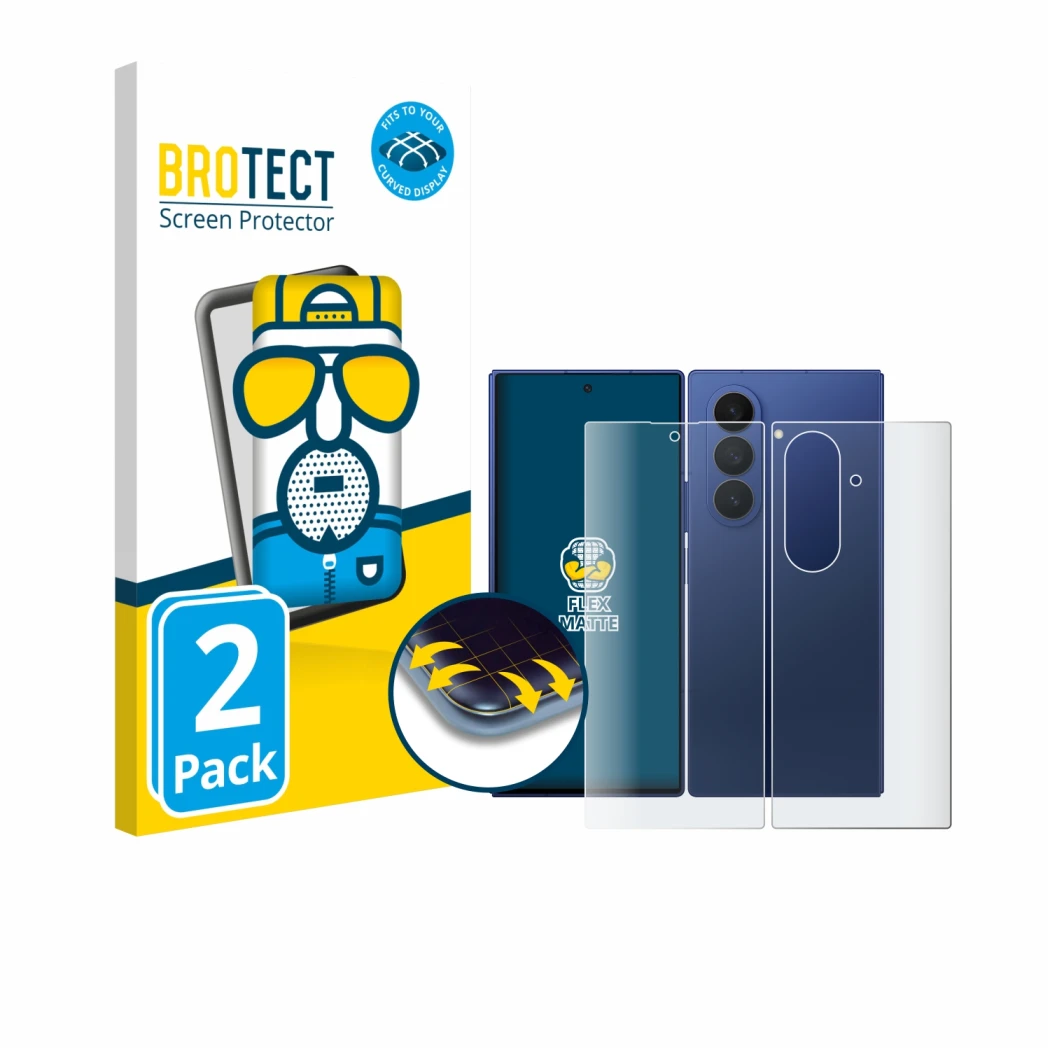 Parte frontale di una confezione del prodotto con il logo del marchio BROTECT. Accanto è raffigurato il dispositivo Samsung Ga