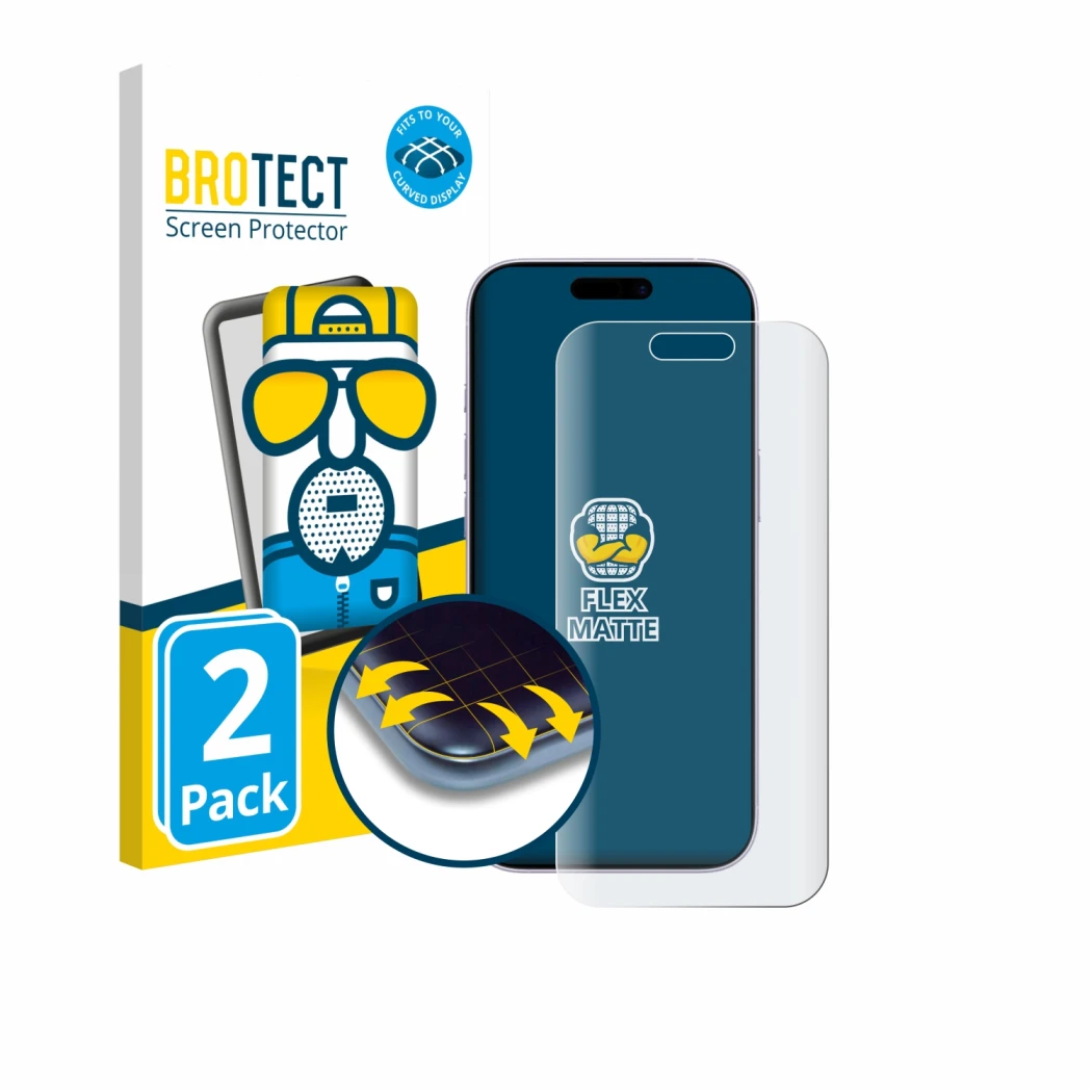 Parte frontale di una confezione del prodotto con il logo del marchio BROTECT. Accanto è raffigurato il dispositivo Apple iPho