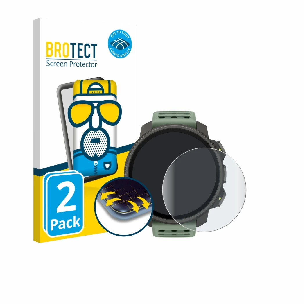 Parte frontale di una confezione del prodotto con il logo del marchio BROTECT. Accanto è raffigurato il dispositivo Suunto Ver