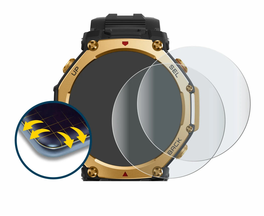 Immagine del dispositivo Huami Amazfit T-Rex 3 Pro (48 mm) con un'ampia varietà di protezioni per lo schermo.