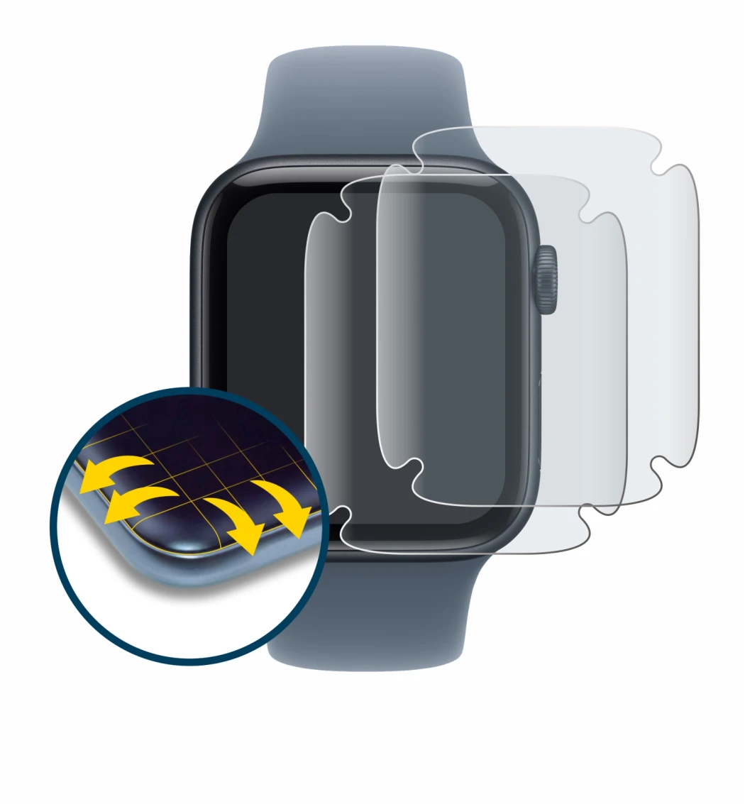 Immagine del dispositivo Apple Watch SE 3 (44 mm) con un'ampia varietà di protezioni per lo schermo.