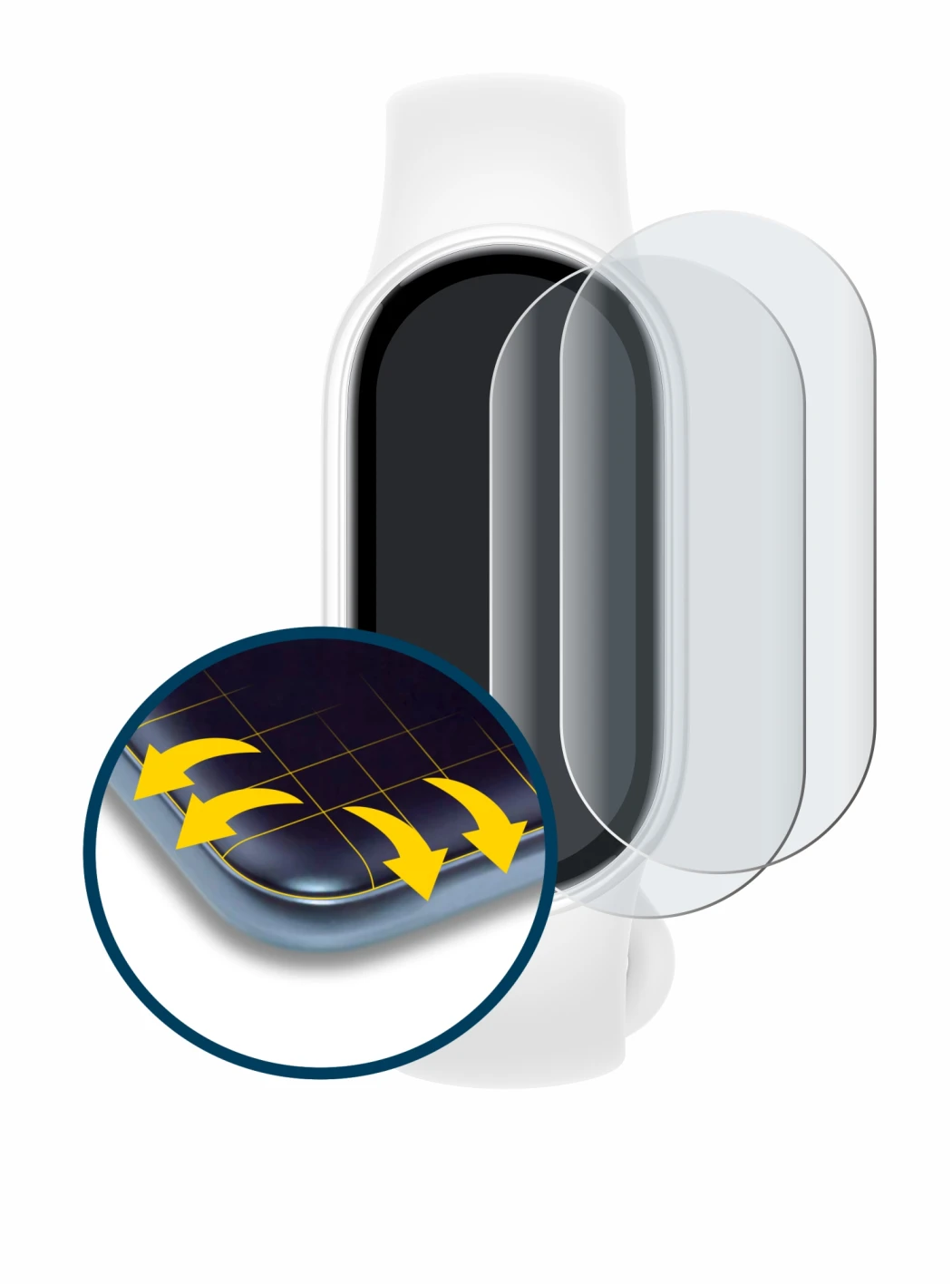 Immagine del dispositivo Xiaomi Smart Band 10 Ceramic Edition con un'ampia varietà di protezioni per lo schermo.