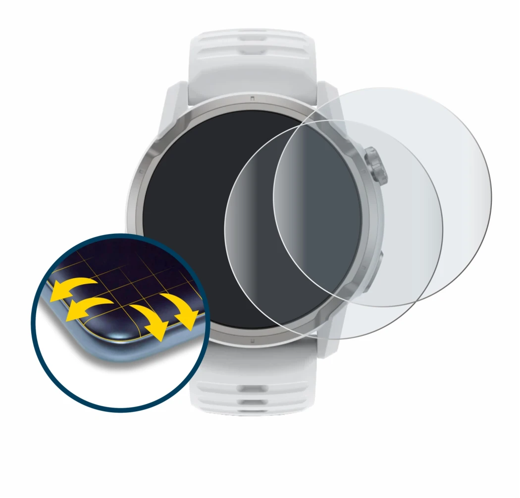 Immagine del dispositivo Coros Apex 4 (46 mm) con un'ampia varietà di protezioni per lo schermo.