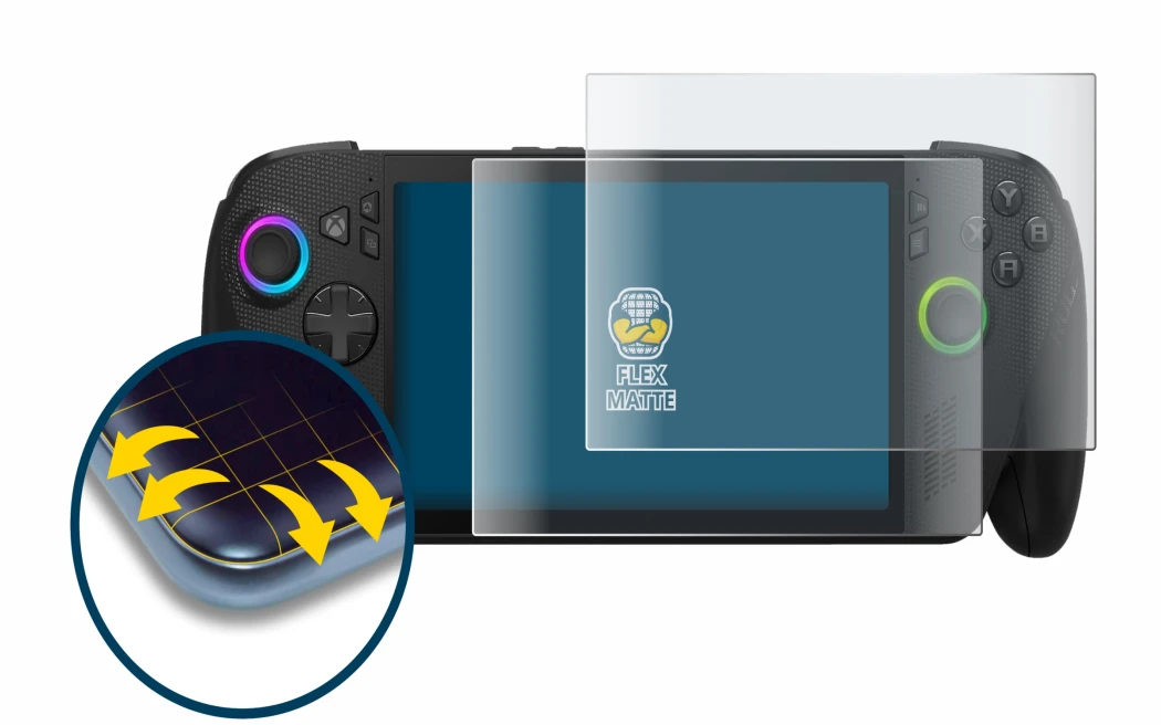 Immagine del dispositivo ASUS ROG Xbox Ally X con un'ampia varietà di protezioni per lo schermo.