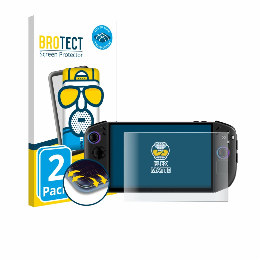 Parte frontale di una confezione del prodotto con il logo del marchio BROTECT. Accanto è raffigurato il dispositivo Lenovo Leg