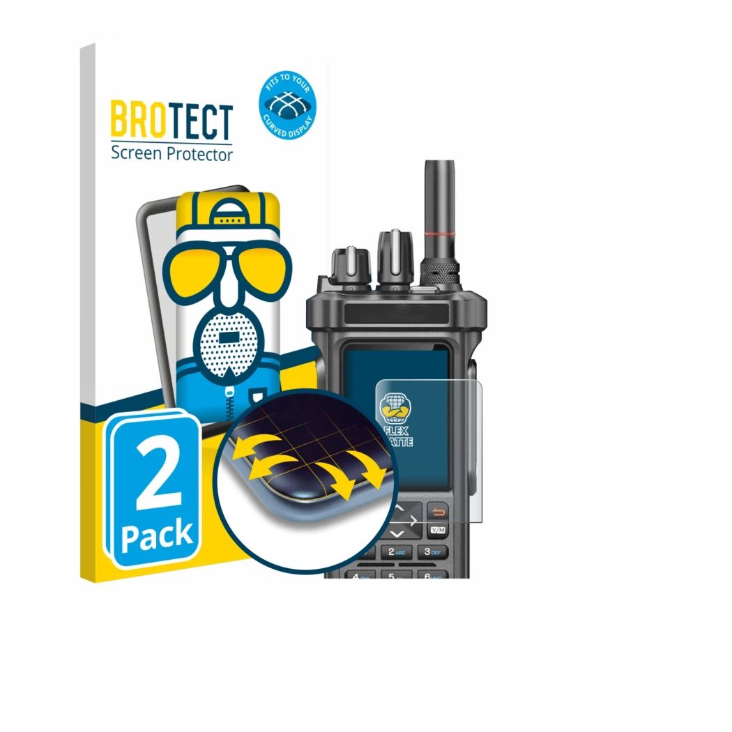 Parte frontale di una confezione del prodotto con il logo del marchio BROTECT. Accanto è raffigurato il dispositivo Radtel RT-