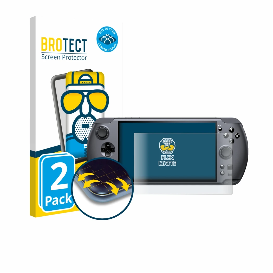 Parte frontale di una confezione del prodotto con il logo del marchio BROTECT. Accanto è raffigurato il dispositivo GPD Win 5