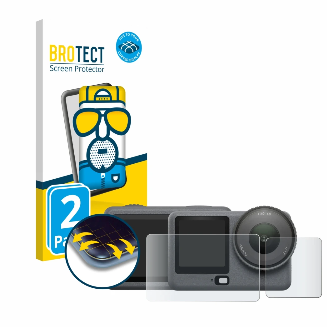 Parte frontale di una confezione del prodotto con il logo del marchio BROTECT. Accanto è raffigurato il dispositivo DJI Osmo A