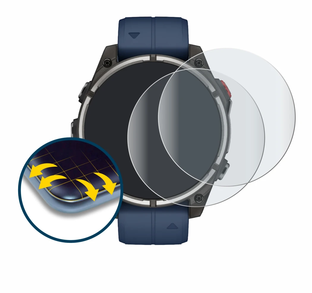 Immagine del dispositivo Garmin quatix 8 Pro (47 mm) con un'ampia varietà di protezioni per lo schermo.
