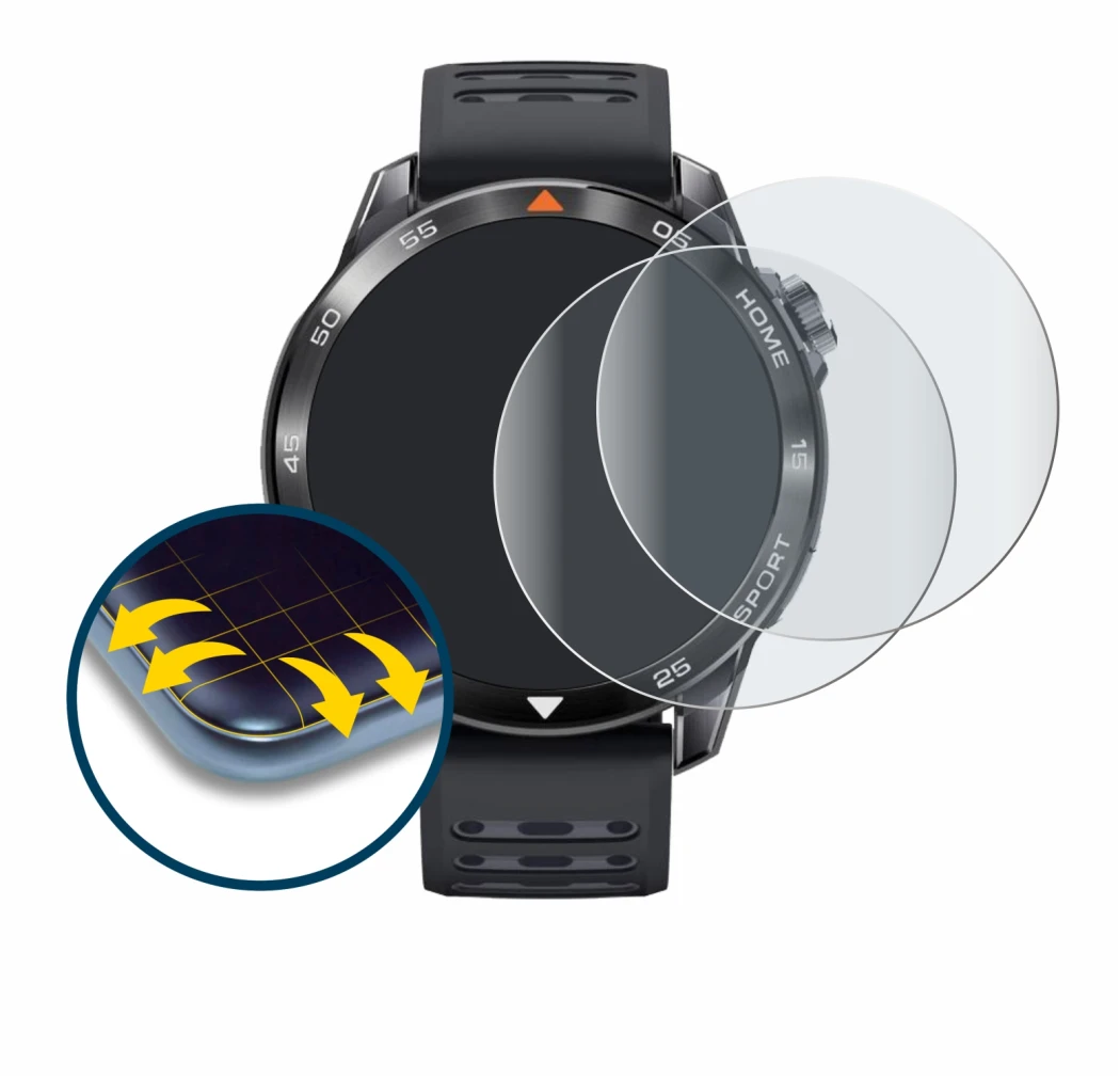 Immagine del dispositivo Xiaomi Mibro GS Pro 2 con un'ampia varietà di protezioni per lo schermo.