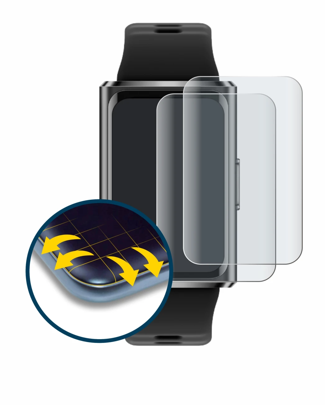 Immagine del dispositivo Huawei Band 11 Pro con un'ampia varietà di protezioni per lo schermo.