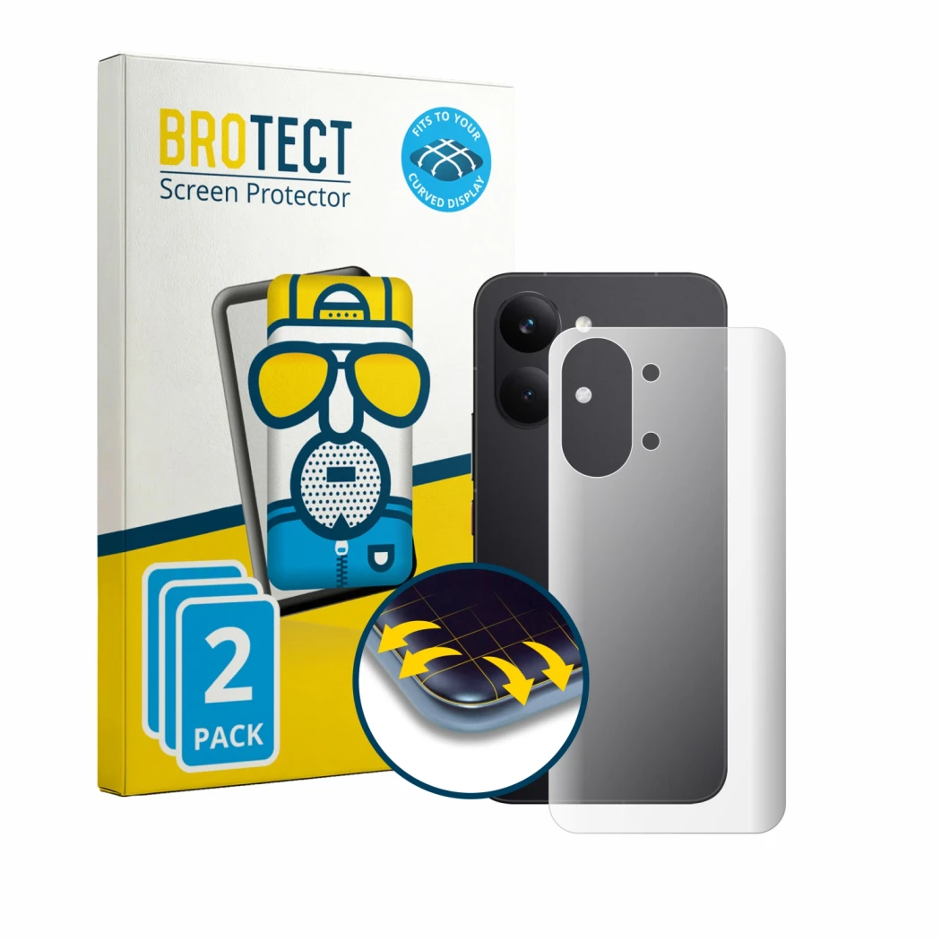 Parte frontale di una confezione del prodotto con il logo del marchio BROTECT. Accanto è raffigurato il dispositivo Xiaomi Poc