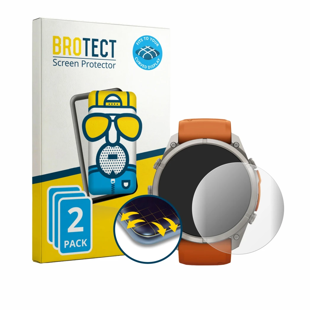 Parte frontale di una confezione del prodotto con il logo del marchio BROTECT. Accanto è raffigurato il dispositivo Garmin Fen