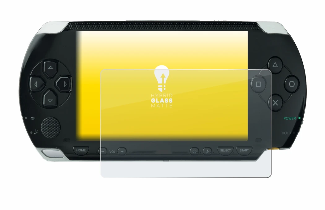 Immagine del dispositivo Sony PSP 1000 con un'ampia varietà di protezioni per lo schermo.