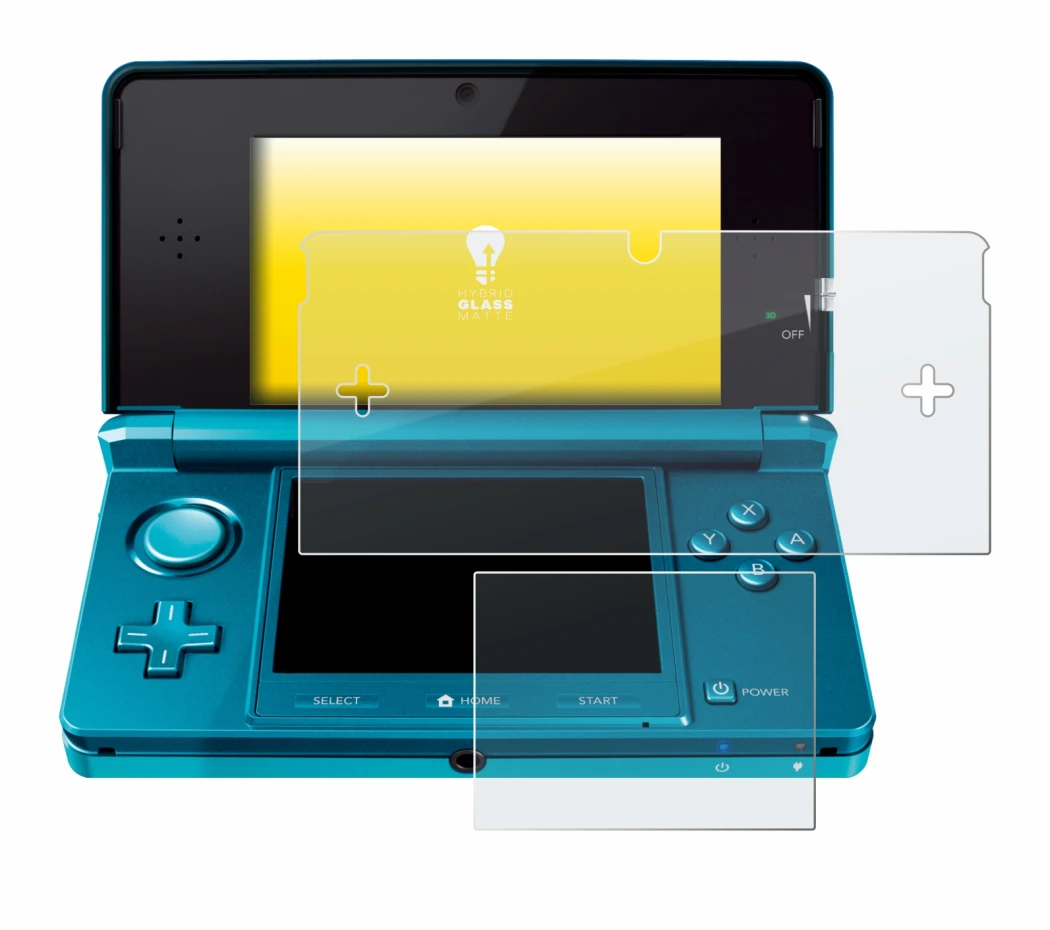 Immagine del dispositivo Nintendo 3DS con un'ampia varietà di protezioni per lo schermo.