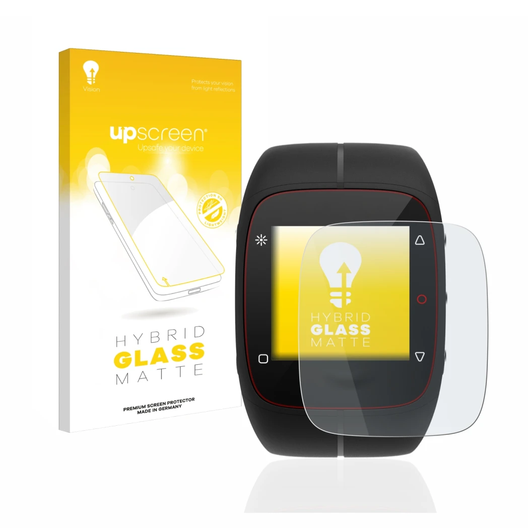 Parte frontale di una confezione del prodotto con il logo del marchio upscreen. Accanto è raffigurato il dispositivo Polar M40