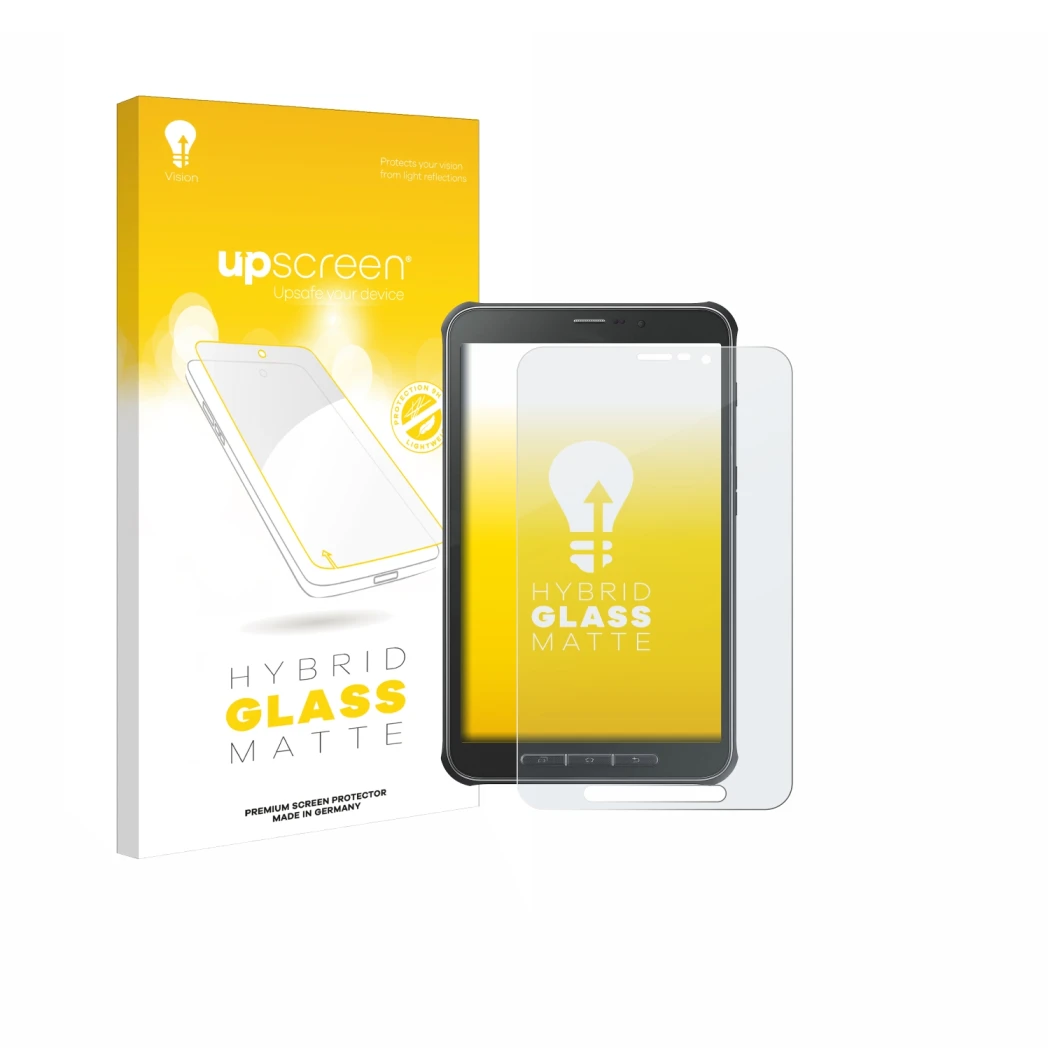 Parte frontale di una confezione del prodotto con il logo del marchio upscreen. Accanto è raffigurato il dispositivo Samsung G