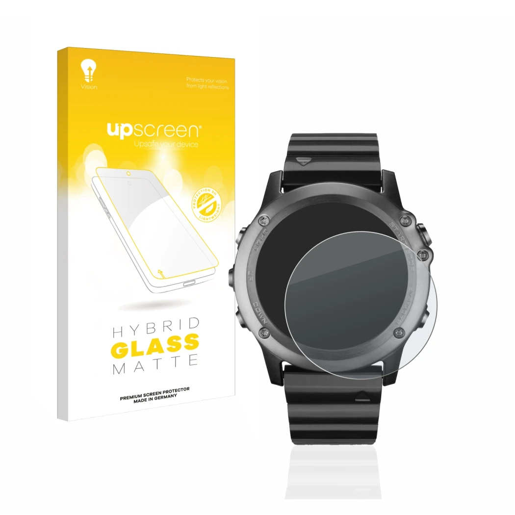 Parte frontale di una confezione del prodotto con il logo del marchio upscreen. Accanto è raffigurato il dispositivo Garmin Fe