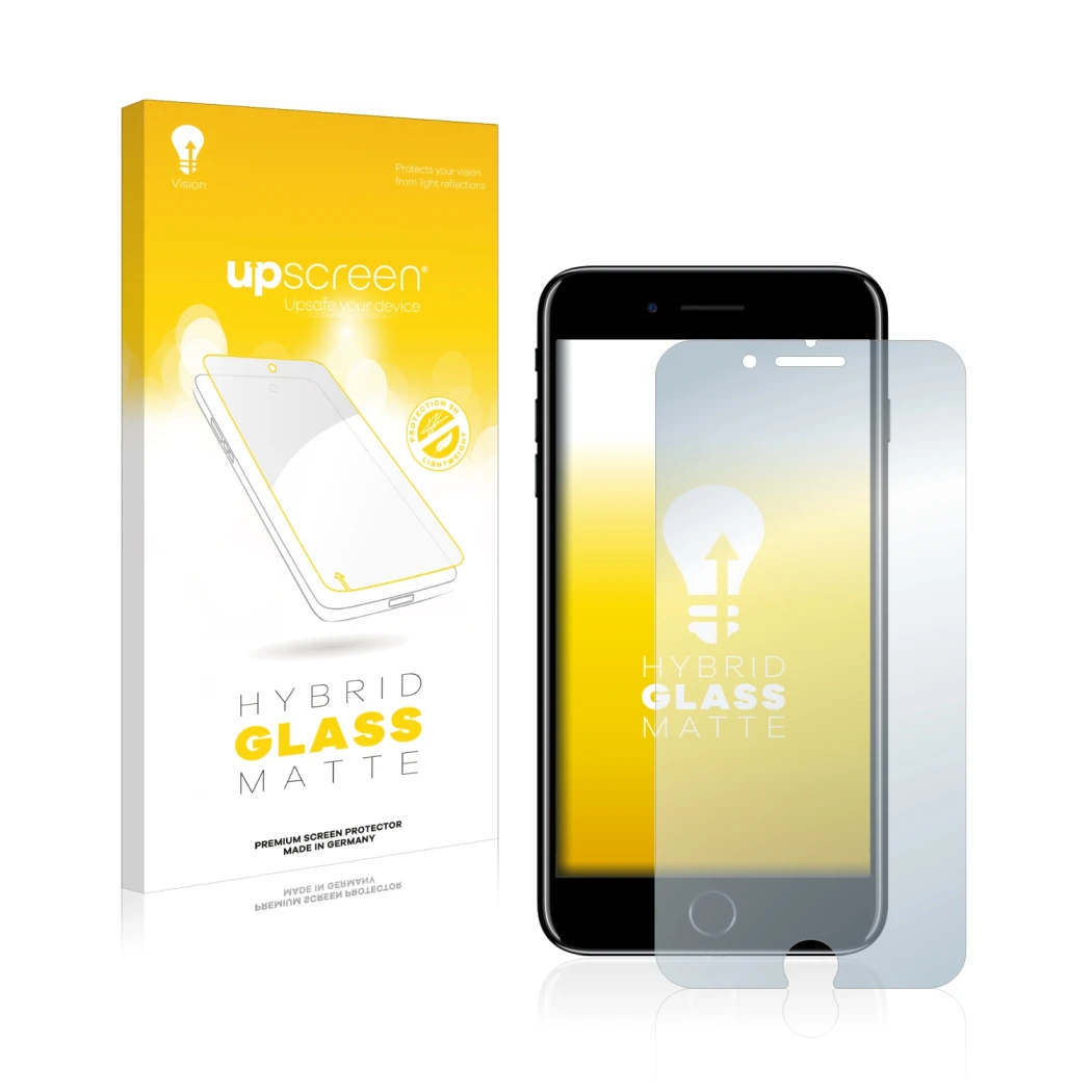 Parte frontale di una confezione del prodotto con il logo del marchio upscreen. Accanto è raffigurato il dispositivo Apple iPh