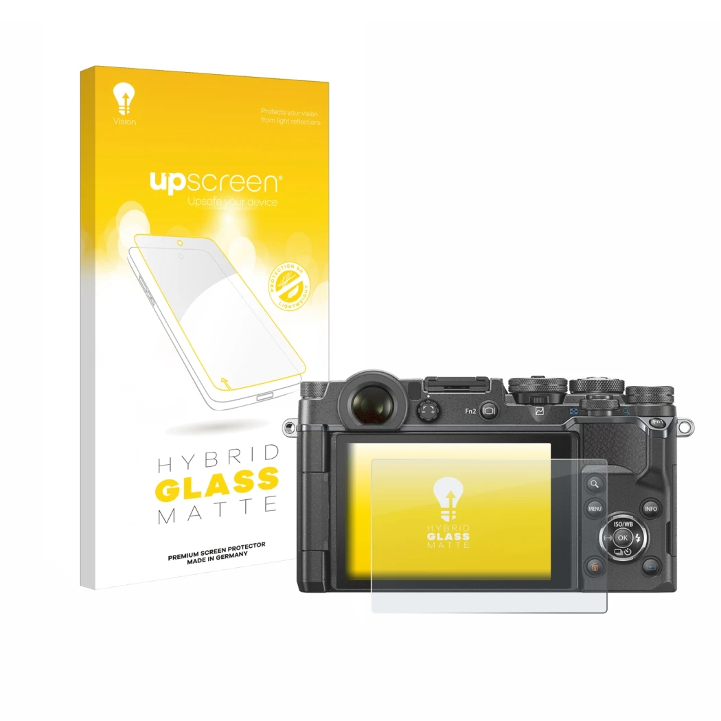 Parte frontale di una confezione del prodotto con il logo del marchio upscreen. Accanto è raffigurato il dispositivo Olympus P