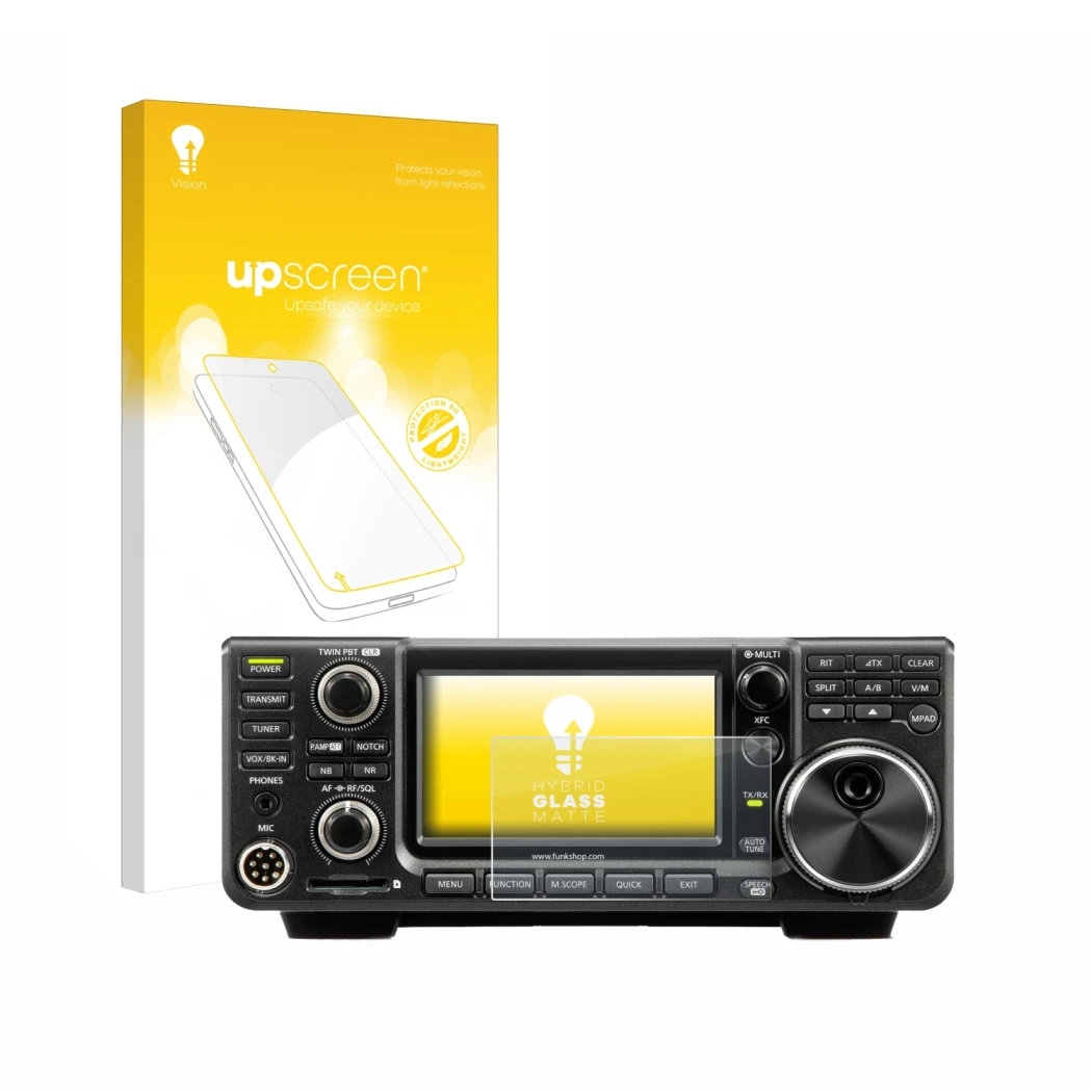 Parte frontale di una confezione del prodotto con il logo del marchio upscreen. Accanto è raffigurato il dispositivo Icom IC-7