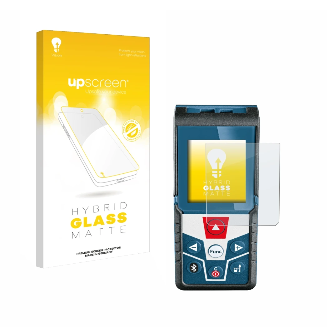 Parte frontale di una confezione del prodotto con il logo del marchio upscreen. Accanto è raffigurato il dispositivo Bosch GLM