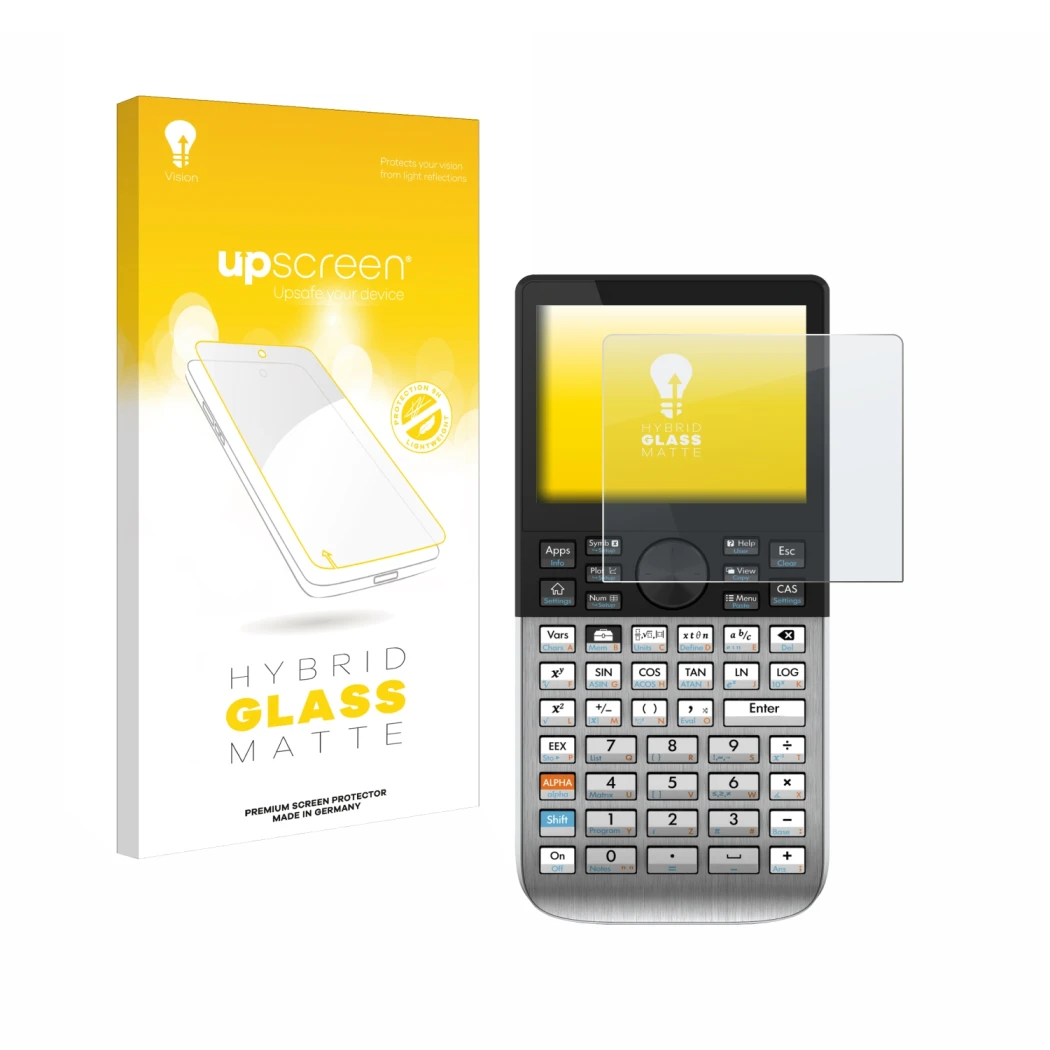 Parte frontale di una confezione del prodotto con il logo del marchio upscreen. Accanto è raffigurato il dispositivo HP Prime 