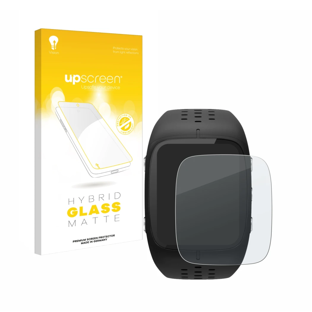 Parte frontale di una confezione del prodotto con il logo del marchio upscreen. Accanto è raffigurato il dispositivo Polar M43