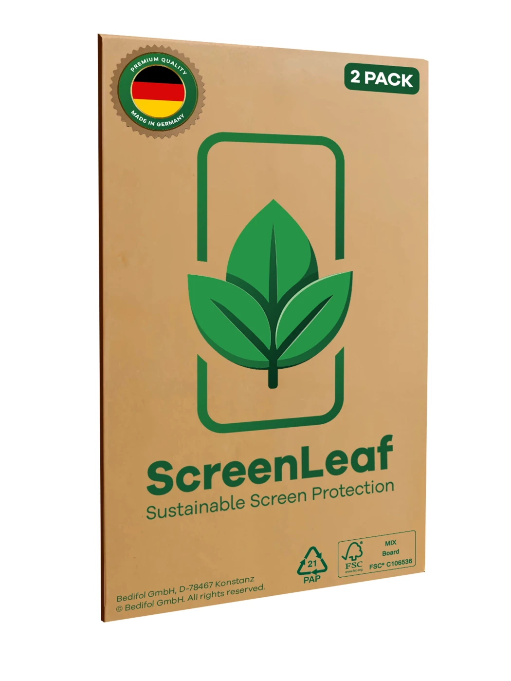 Parte frontale di una confezione del prodotto con il logo del marchio ScreenLeaf