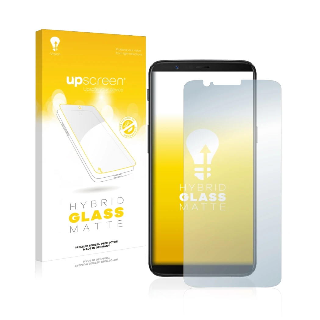 Parte frontale di una confezione del prodotto con il logo del marchio upscreen. Accanto è raffigurato il dispositivo OnePlus 5