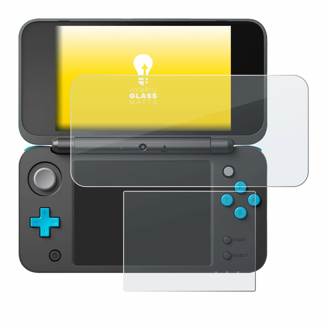 Immagine del dispositivo New Nintendo 2DS XL con un'ampia varietà di protezioni per lo schermo.