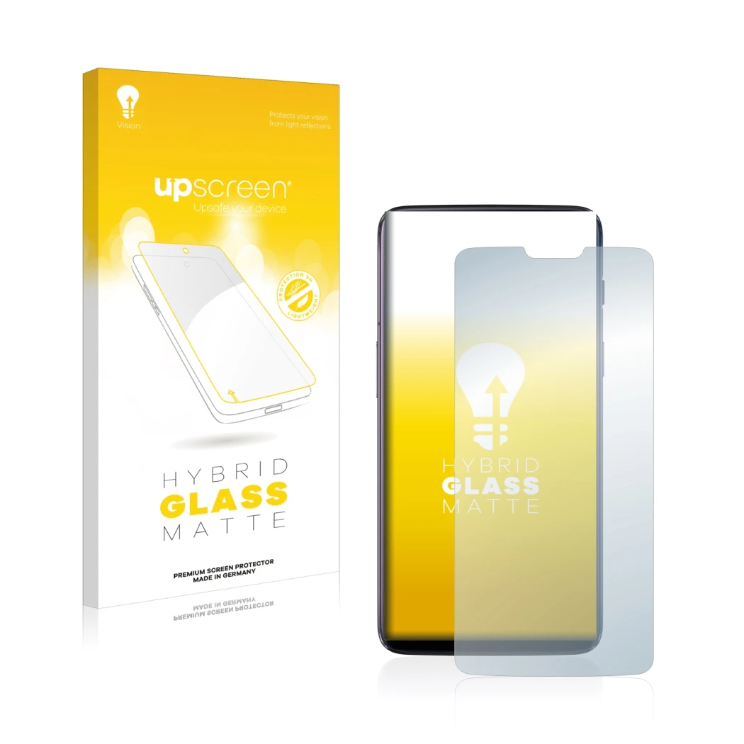 Parte frontale di una confezione del prodotto con il logo del marchio upscreen. Accanto è raffigurato il dispositivo OnePlus 6