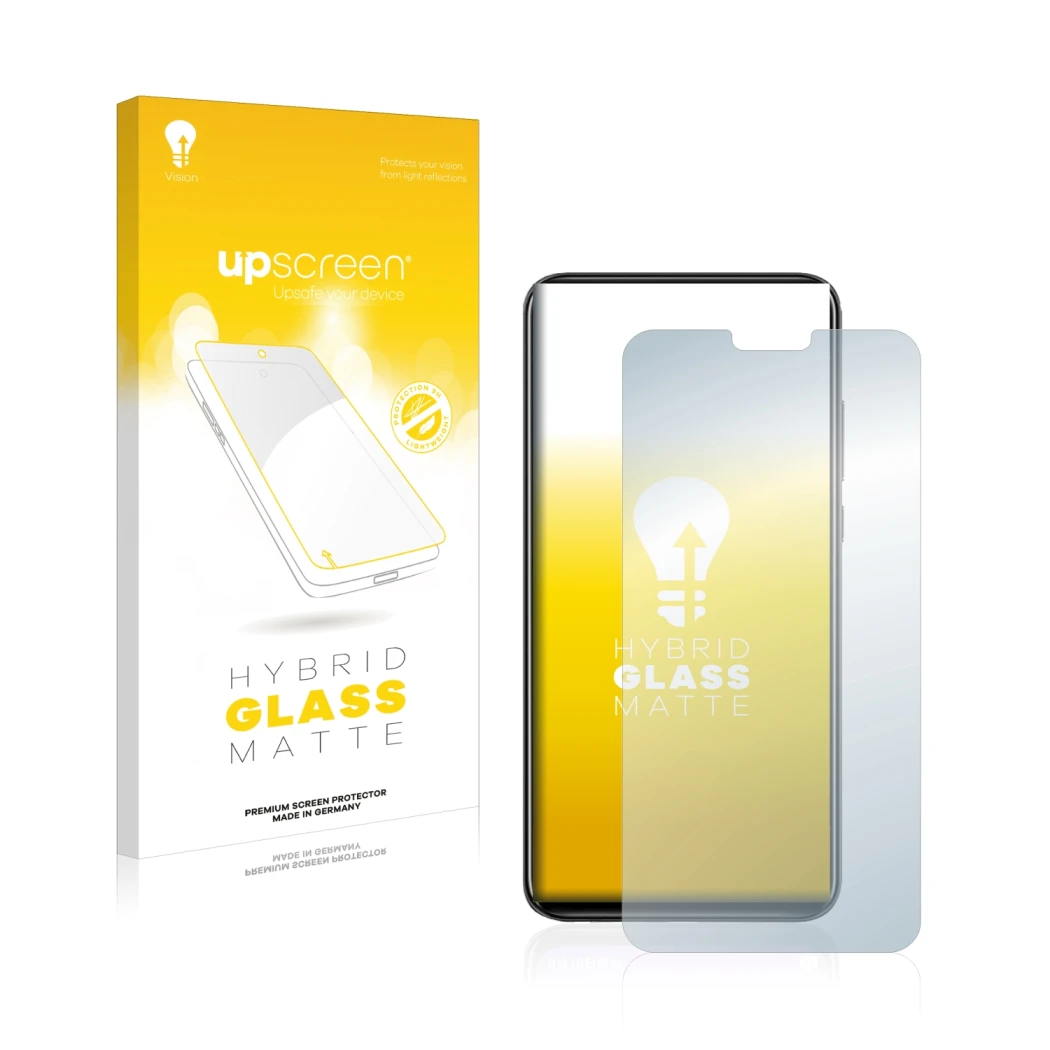 Parte frontale di una confezione del prodotto con il logo del marchio upscreen. Accanto è raffigurato il dispositivo Honor 8X 