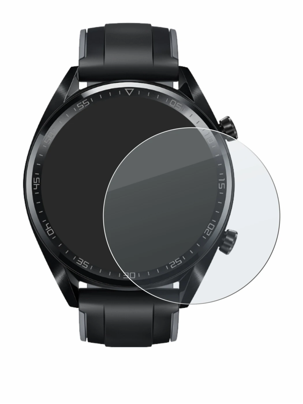 Immagine del dispositivo Huawei Watch GT (46 mm) 2018 con un'ampia varietà di protezioni per lo schermo.