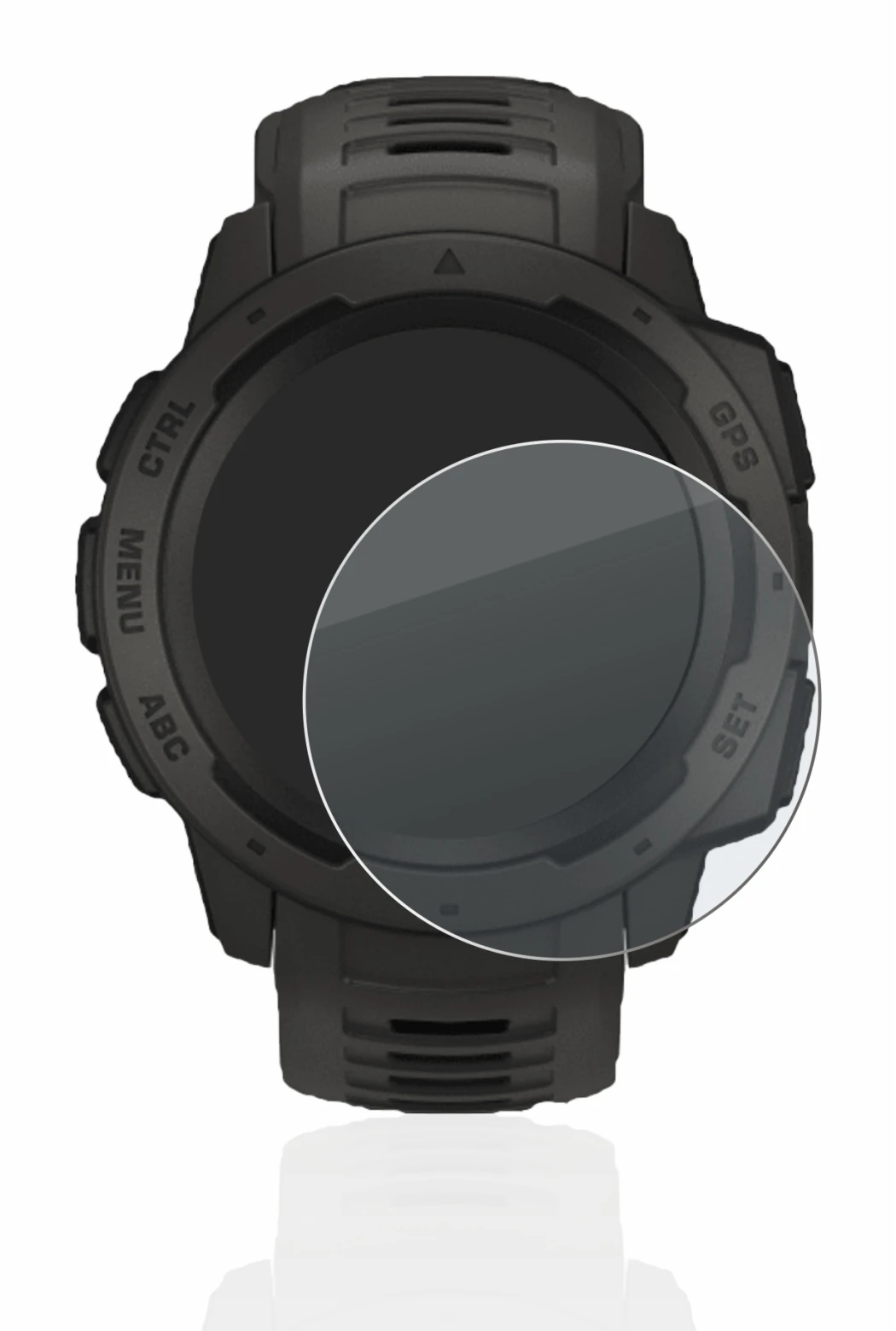 Immagine del dispositivo Garmin Instinct con un'ampia varietà di protezioni per lo schermo.