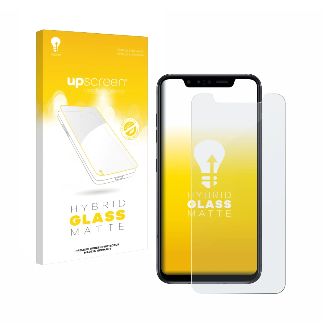 Parte frontale di una confezione del prodotto con il logo del marchio upscreen. Accanto è raffigurato il dispositivo LG G8s Th