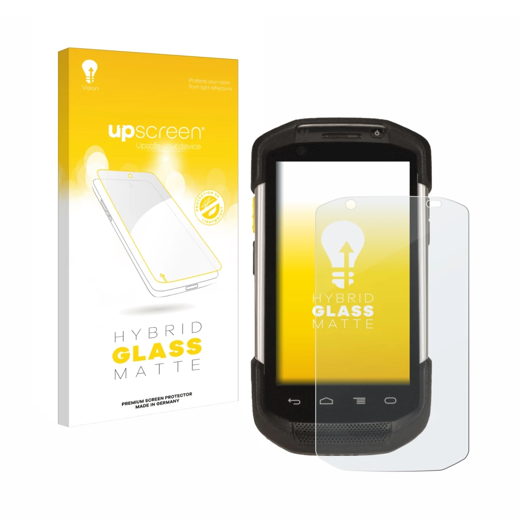 Parte frontale di una confezione del prodotto con il logo del marchio upscreen. Accanto è raffigurato il dispositivo Zebra TC7