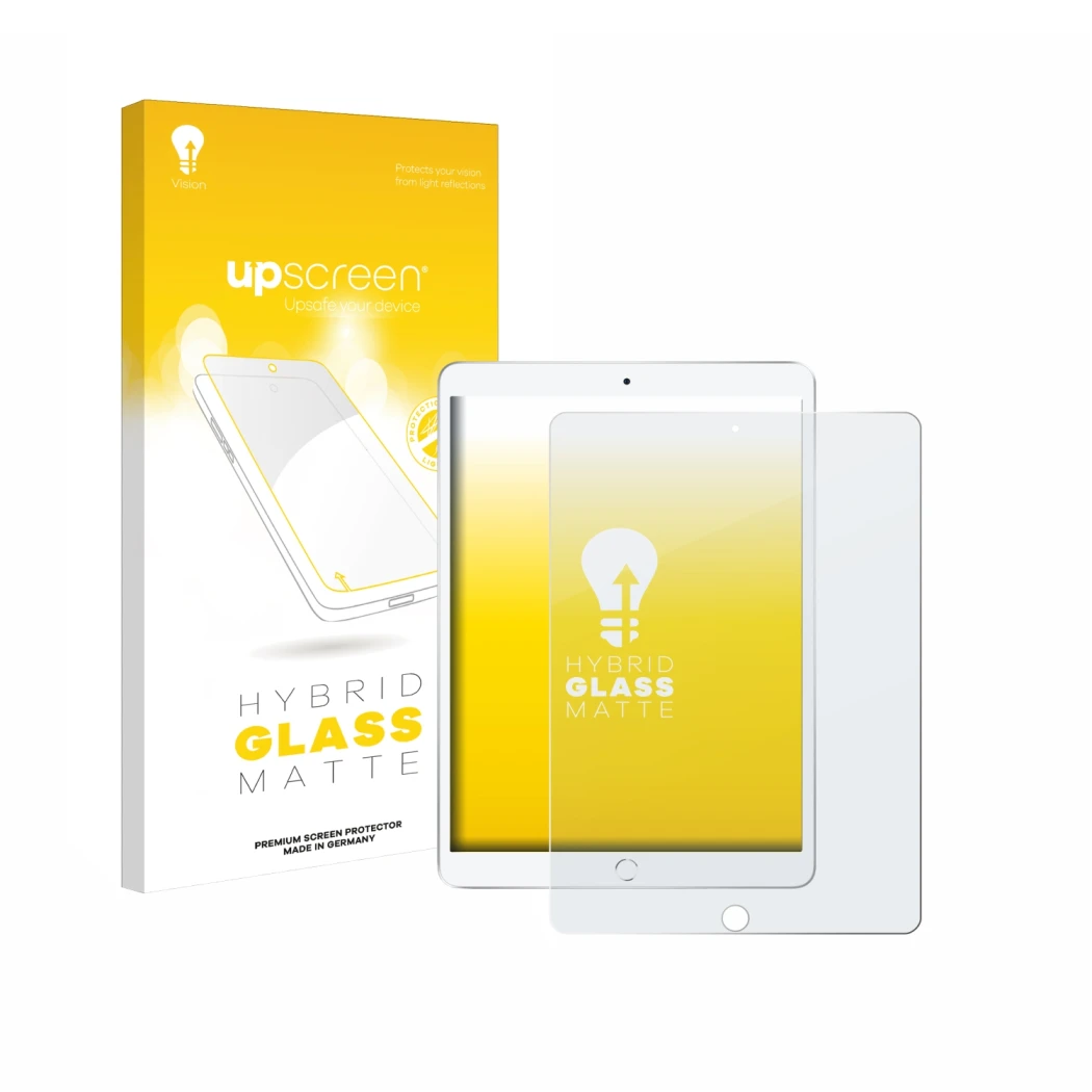 Parte frontale di una confezione del prodotto con il logo del marchio upscreen. Accanto è raffigurato il dispositivo Apple iPa