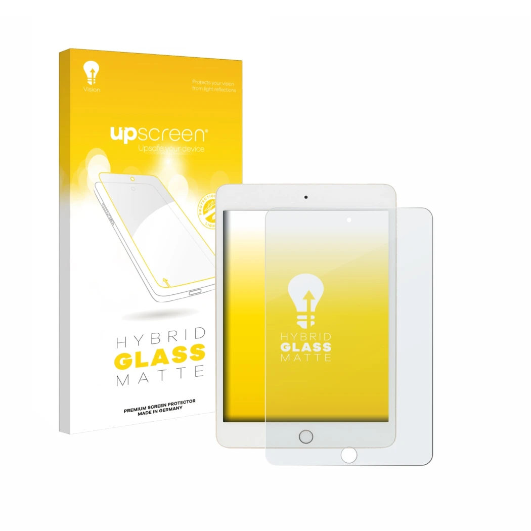 Parte frontale di una confezione del prodotto con il logo del marchio upscreen. Accanto è raffigurato il dispositivo Apple iPa