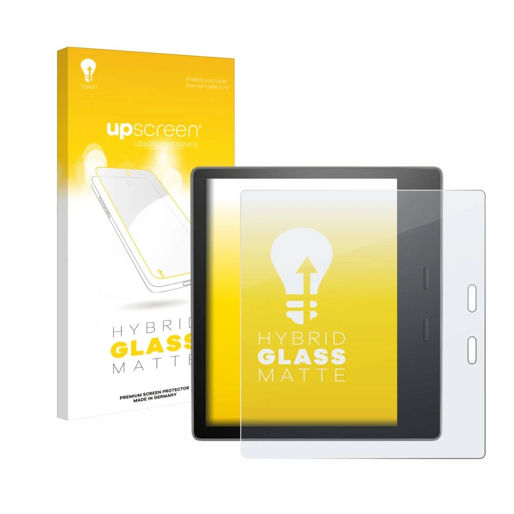 Parte frontale di una confezione del prodotto con il logo del marchio upscreen. Accanto è raffigurato il dispositivo Amazon Ki