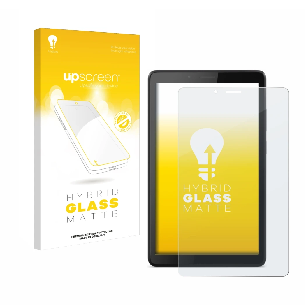 Parte frontale di una confezione del prodotto con il logo del marchio upscreen. Accanto è raffigurato il dispositivo Lenovo Ta