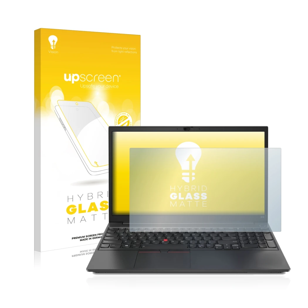 Parte frontale di una confezione del prodotto con il logo del marchio upscreen. Accanto è raffigurato il dispositivo Lenovo Th