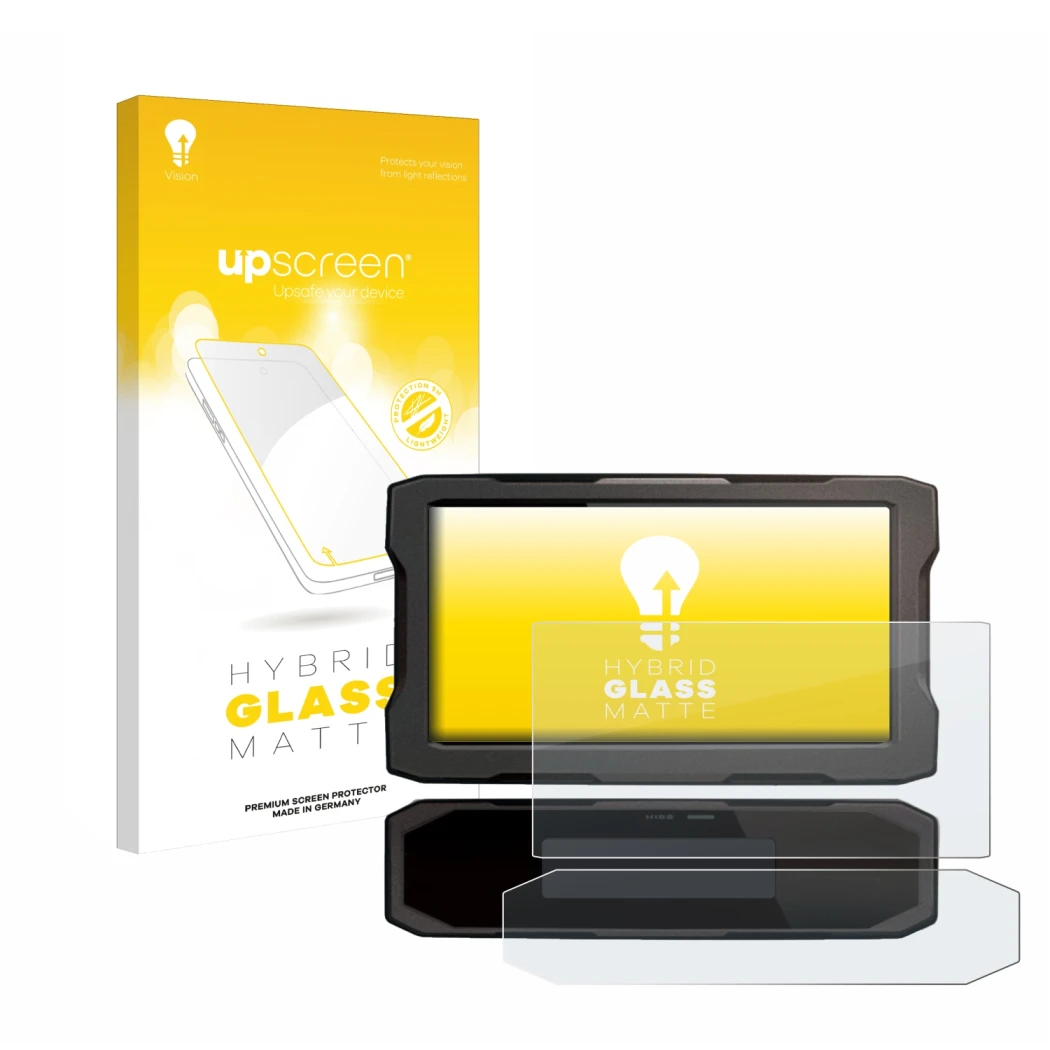 Parte frontale di una confezione del prodotto con il logo del marchio upscreen. Accanto è raffigurato il dispositivo Honda CRF