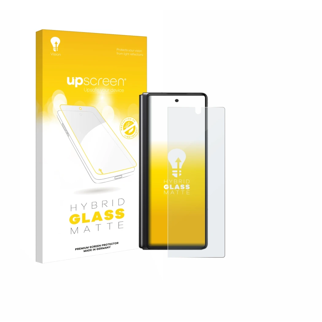 Parte frontale di una confezione del prodotto con il logo del marchio upscreen. Accanto è raffigurato il dispositivo Samsung G