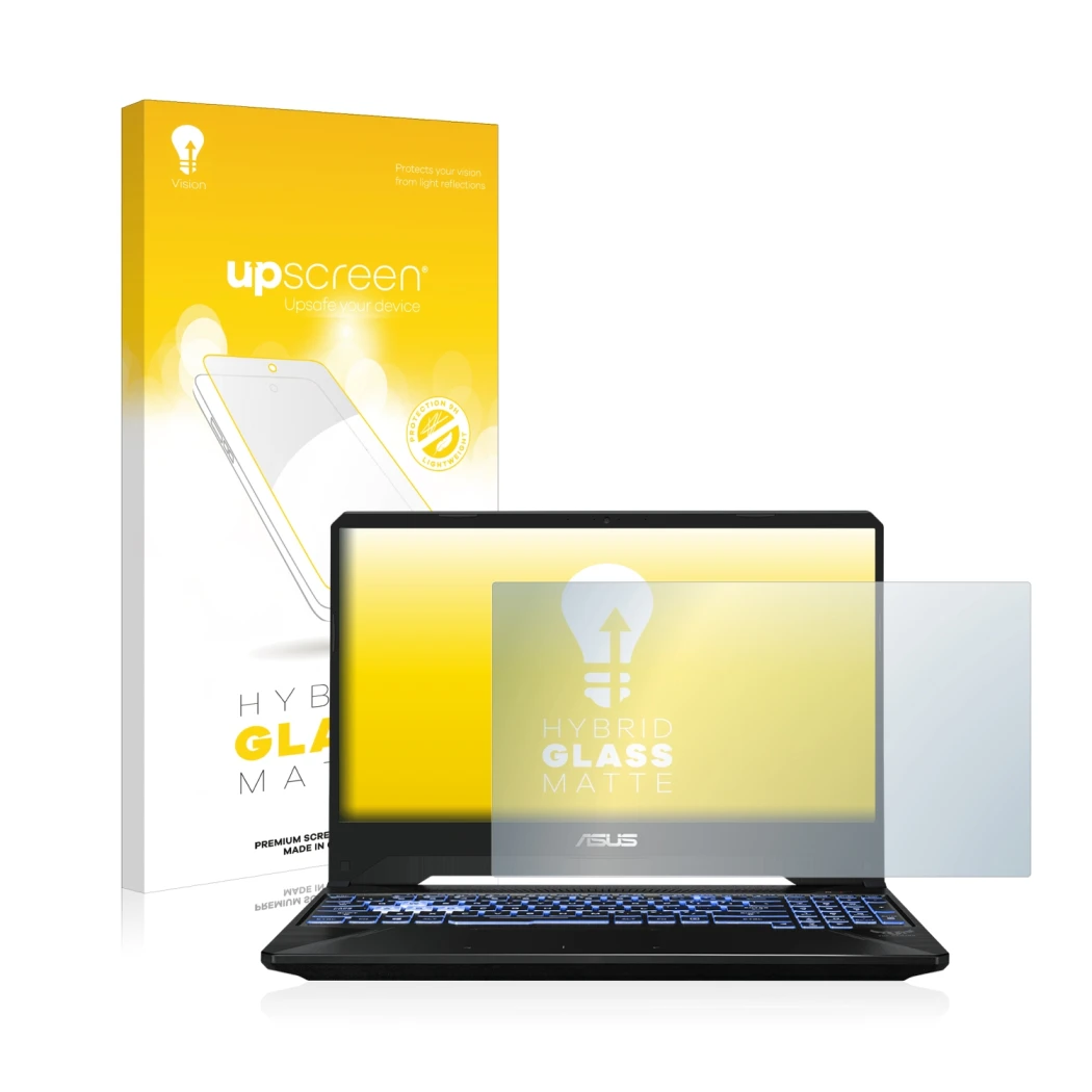 Parte frontale di una confezione del prodotto con il logo del marchio upscreen. Accanto è raffigurato il dispositivo ASUS TUF 