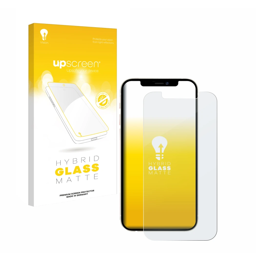 Parte frontale di una confezione del prodotto con il logo del marchio upscreen. Accanto è raffigurato il dispositivo Apple iPh