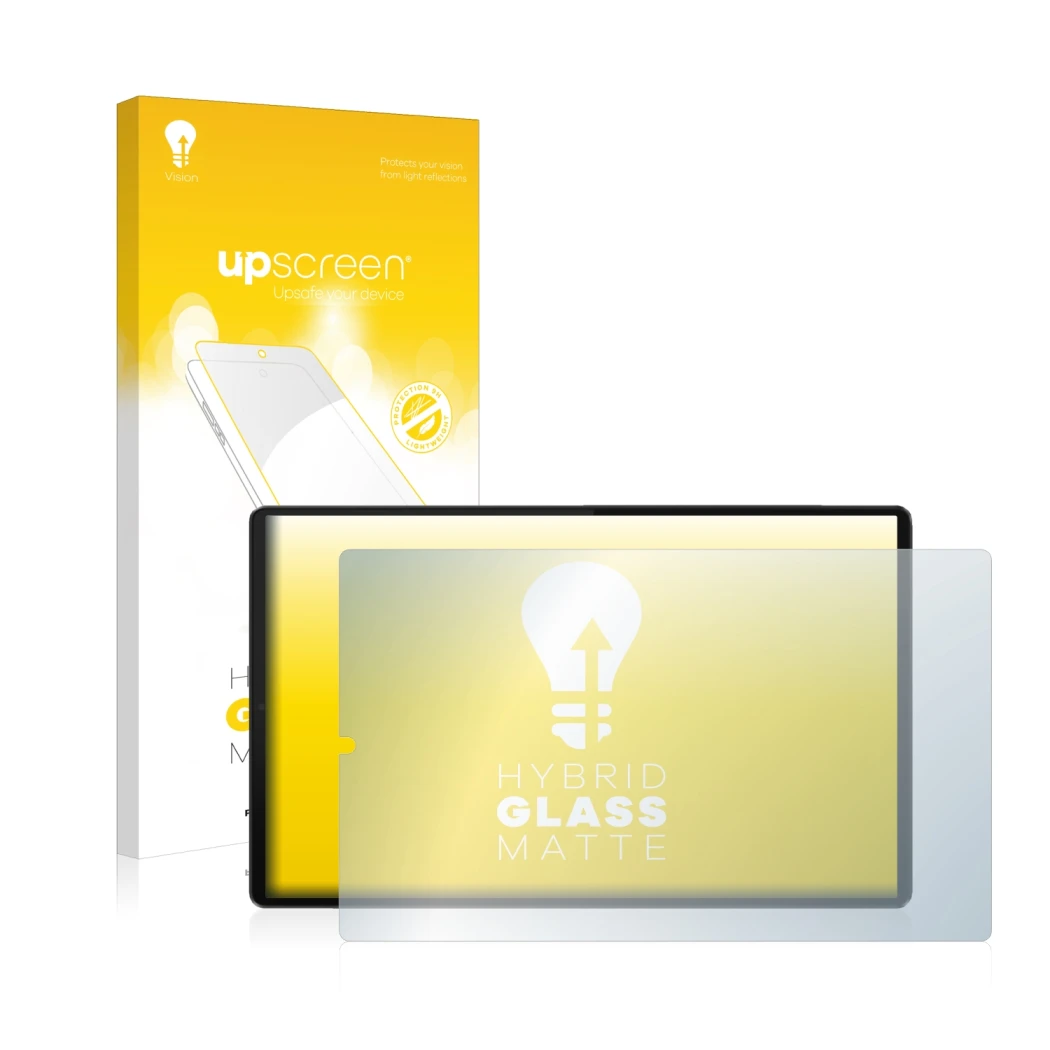 Parte frontale di una confezione del prodotto con il logo del marchio upscreen. Accanto è raffigurato il dispositivo Lenovo Ta